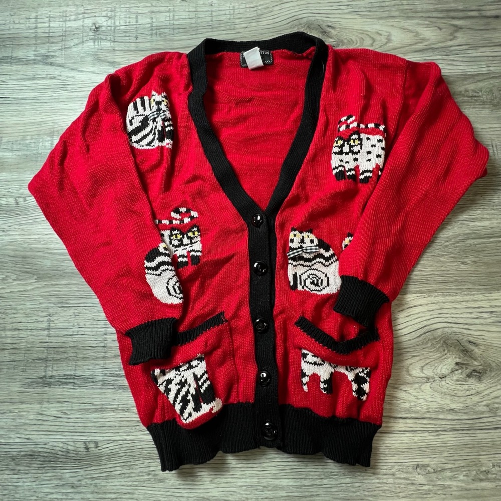 South Cotton Cardigan Women SM Red Cat Intarsia Hand Loomed Vintage Style Knit
